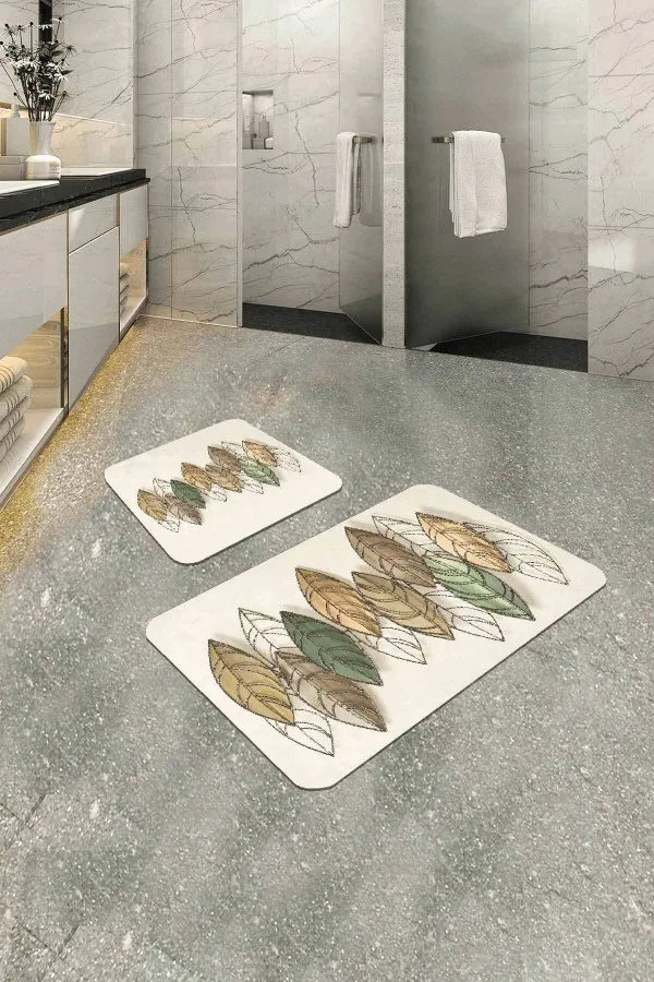 Banyo İçin Paspas Modelleri Krem Etnik Desenli Banyo Halısı Klozet Paspas Seti BS326