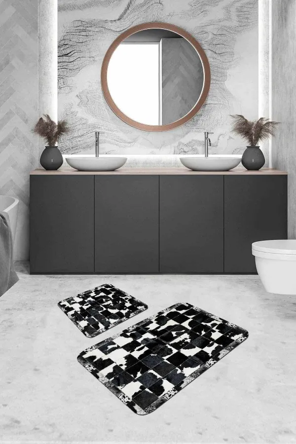 Banyo Paspas Seti 3Lu Siyah Deri Görünümlü Banyo Halısı Klozet Paspas Seti BS329
