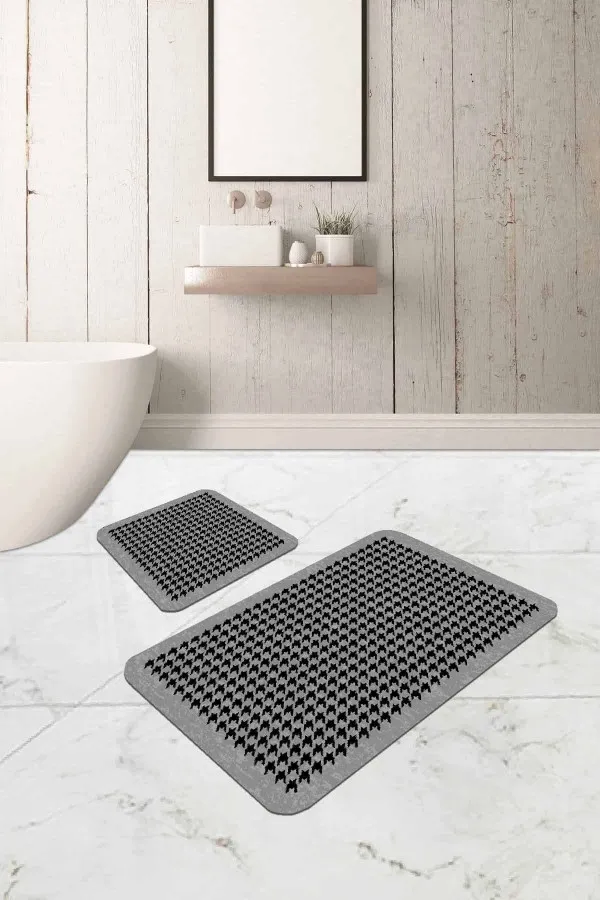 Banyo Halısı Yuvarlak Gri Kazayağı Desen Banyo Halısı Klozet Paspas Seti BS331