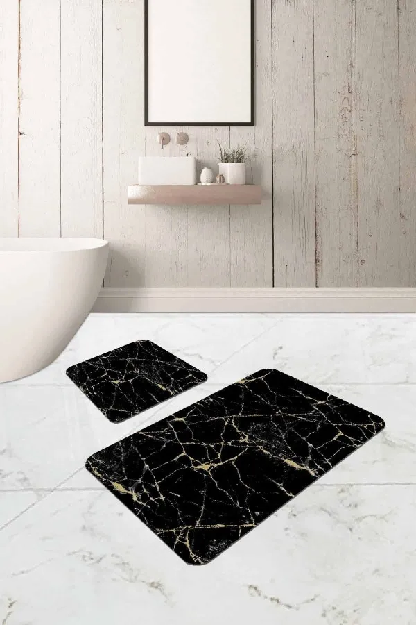 Banyo Paspası 3 Lü Siyah Mermer Görünümlü Banyo Halısı Klozet Paspas Seti BS333