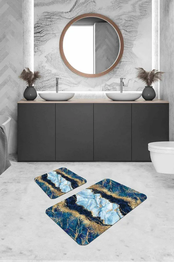 Banyo Su Emici Paspas Mavi Mermer Görünümlü Banyo Halısı Klozet Paspas Seti BS334