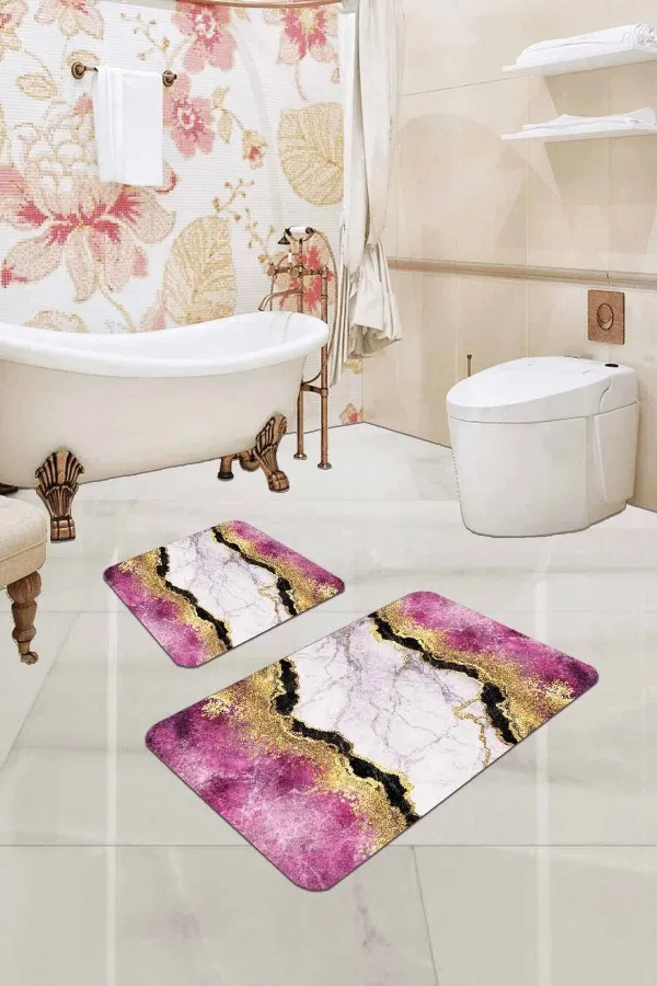 Büyük Banyo Halısı Pembe Mermer Görünümlü Banyo Halısı Klozet Paspas Seti BS335