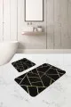 Yuvarlak Banyo Paspası Takımı Siyah Geometrik Desen Banyo Halısı Klozet Paspas Seti BS336