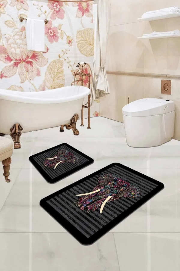 İnce Banyo Halısı Füme Fil Desenli Banyo Halısı Klozet 2'li Paspas Seti BS339
