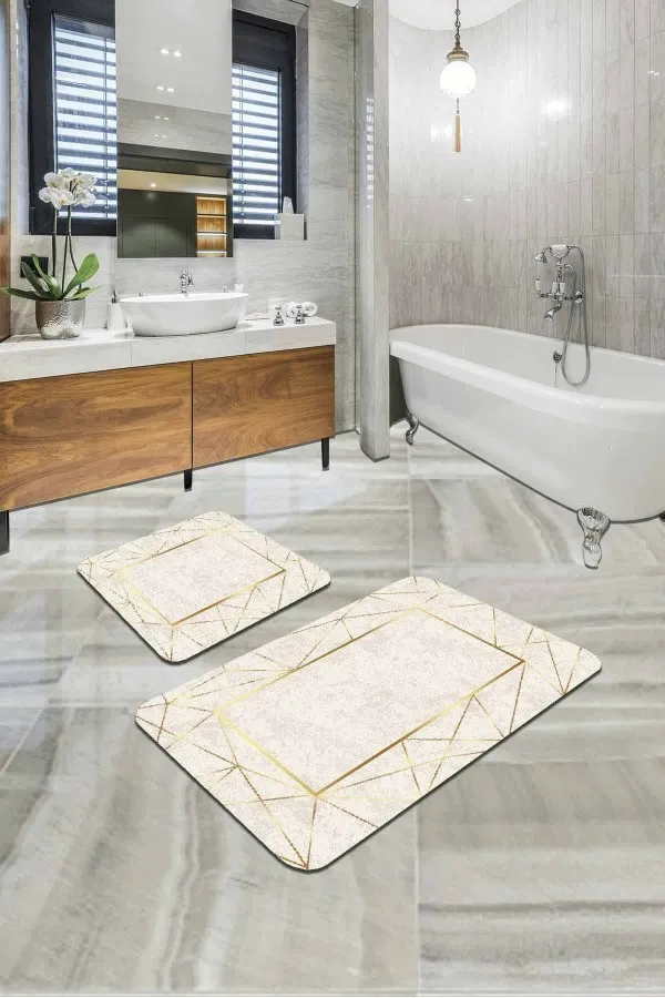İkili Paspas Gold Çerçeveli Desen Banyo Halısı Klozet Paspas Seti BS341