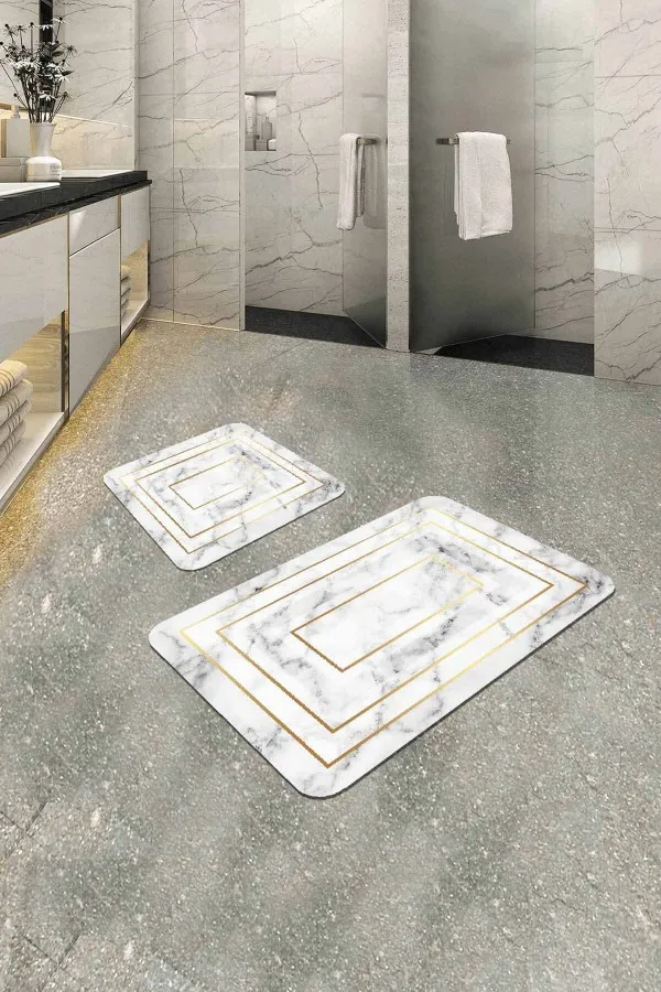 Banyo Halıları Büyük Beyaz Mermer Desen Banyo Halısı Klozet Paspas Seti BS343