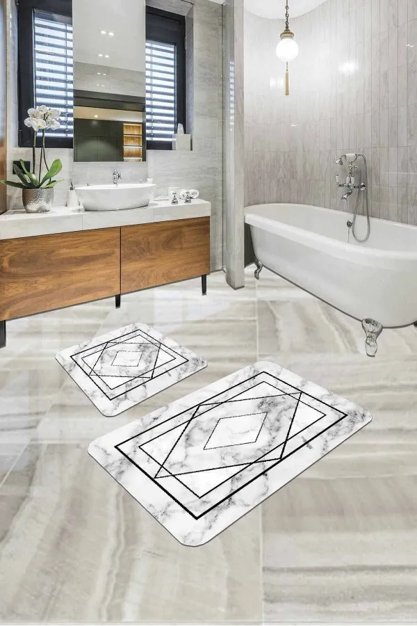 Klozet Paspas Takımları Beyaz Mermer Görünümlü Banyo Halısı Klozet Paspas Seti BS344