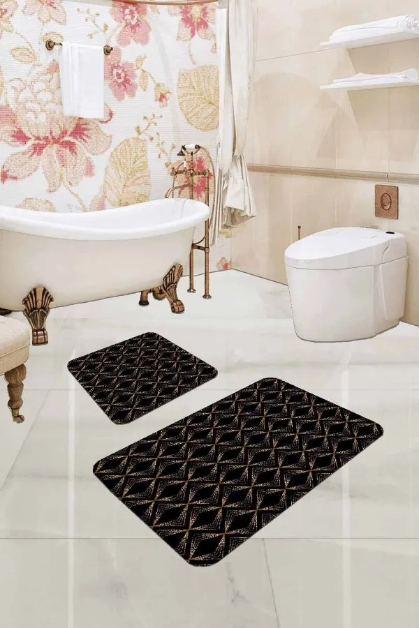 Yuvarlak Büyük Banyo Paspası Siyah Mermer Görünümlü Banyo Halısı Klozet Paspas Seti BS346