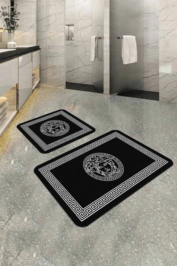 Yuvarlak Kaymaz Paspas Siyah Çerçeve Temalı Banyo Halısı Klozet Paspas Seti BS350
