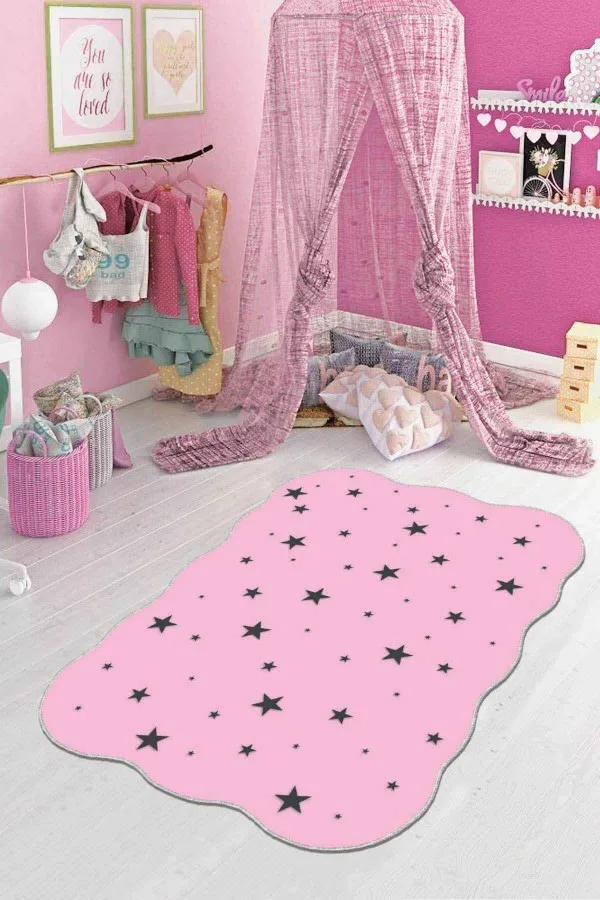Bebek Halısı Modelleri Pembe Kaymaz Tabanlı Yıldızlı Lazer Kesim Bebek Halısı AR004