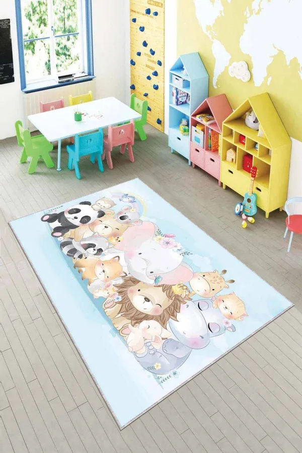 Bebek Odası Halıları Kapıda Ödeme Mavi Kaymaz Tabanlı Sevimli Hayvanlar Bebek Halısı AR086
