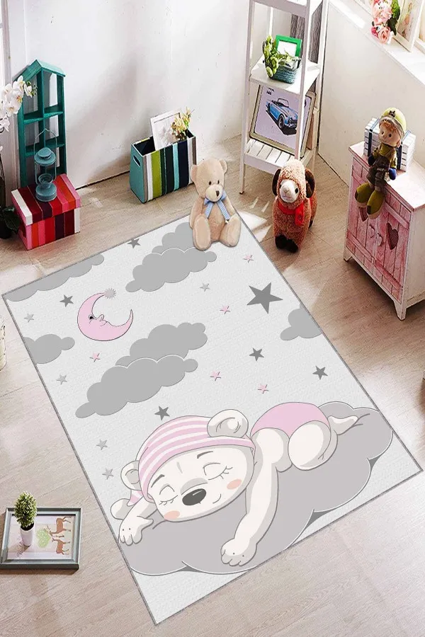 Pembe Kaymaz Tabanlı Yıkanabilir Ayıcıklı Bebek Halısı AR356