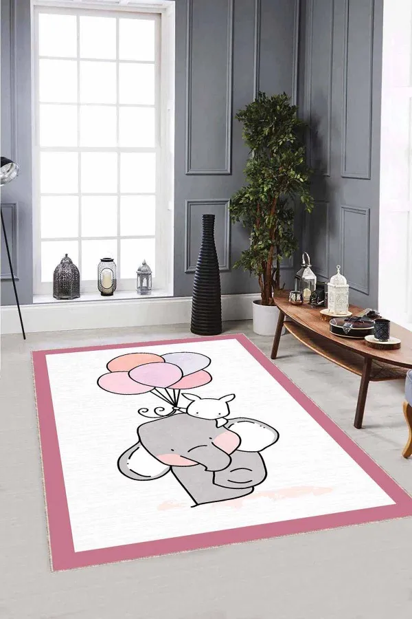 Bebek Odası Halısı Pembe Pembe Kaymaz Tabanlı Yıkanabilir Filli Bebek Halıları AR771