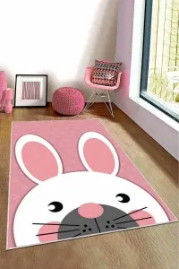 Pembe Yıkanabilir Kaymaz Tabanlı Tavşanlı Bebek Halısı KD003