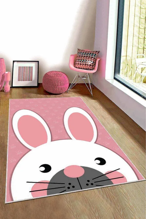 Pembe Yıkanabilir Kaymaz Tabanlı Tavşanlı Bebek Halısı KD003