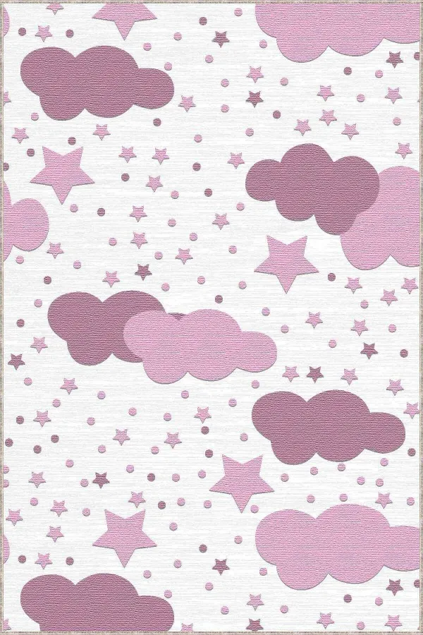 Pembe Bulutlu Halı Pembe Kaymaz Tabanlı Yıkanabilir Bulutlu Bebek Halısı KD026