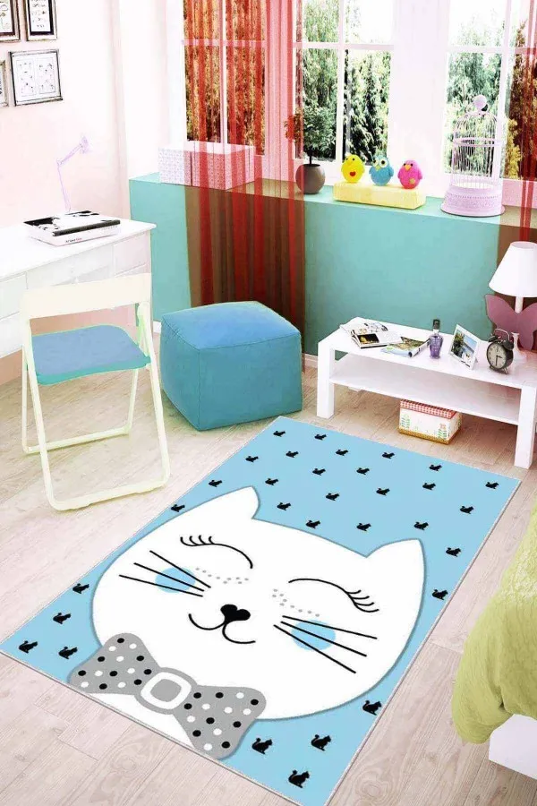 Erkek Bebek Odası Halısı Mavi Kaymaz Tabanlı Yıkanabilir Kedili Bebek Halısı KD08