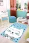 Mavi Kaymaz Tabanlı Yıkanabilir Kedili Bebek Halısı KD08
