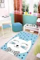 Erkek Bebek Odası Halısı Mavi Kaymaz Tabanlı Yıkanabilir Kedili Bebek Halısı KD08