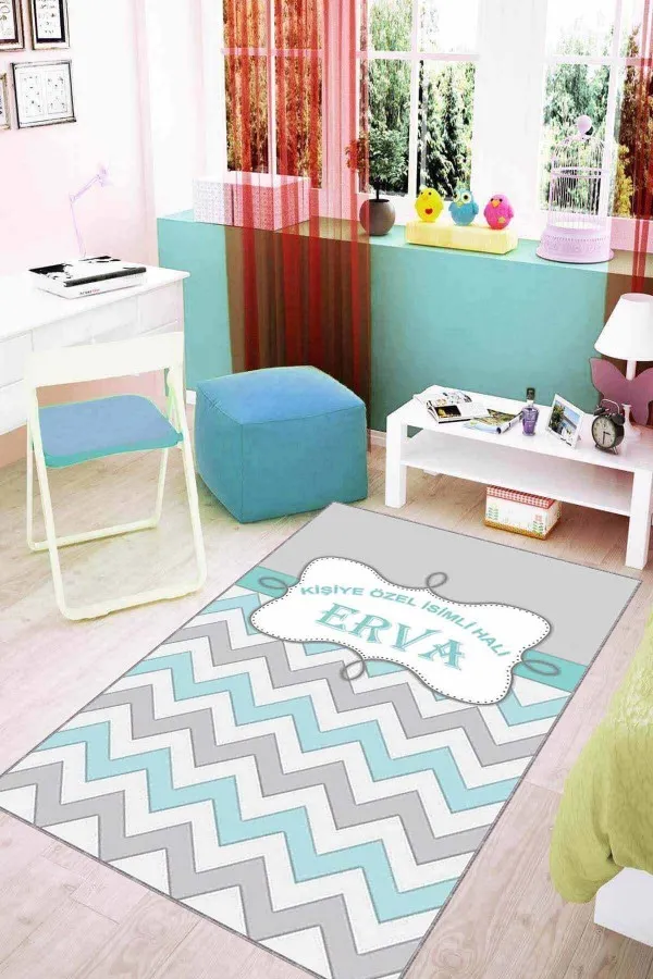 Bebek Odası Halısı İsimli Mavi Yıkanabilir Kaymaz Taban Bebek Halısı İsimli Halı KD12