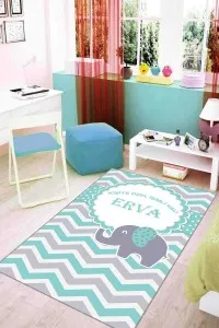 Turkuaz Kaymaz Tabanlı Bebek Halısı İsimli Halı Filli KD14