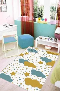 Turkuaz Kaymaz Tabanlı Yıkanabilir Bulutlu Bebek Halısı KD28 Turkuaz Kaymaz Tabanlı Yıkanabilir Bulutlu Bebek Halısı KD28