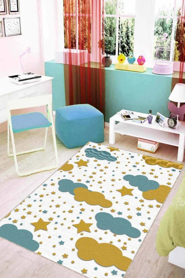 Bulutlu Bebek Halısı Turkuaz Kaymaz Tabanlı Yıkanabilir Bulutlu Bebek Halısı KD28