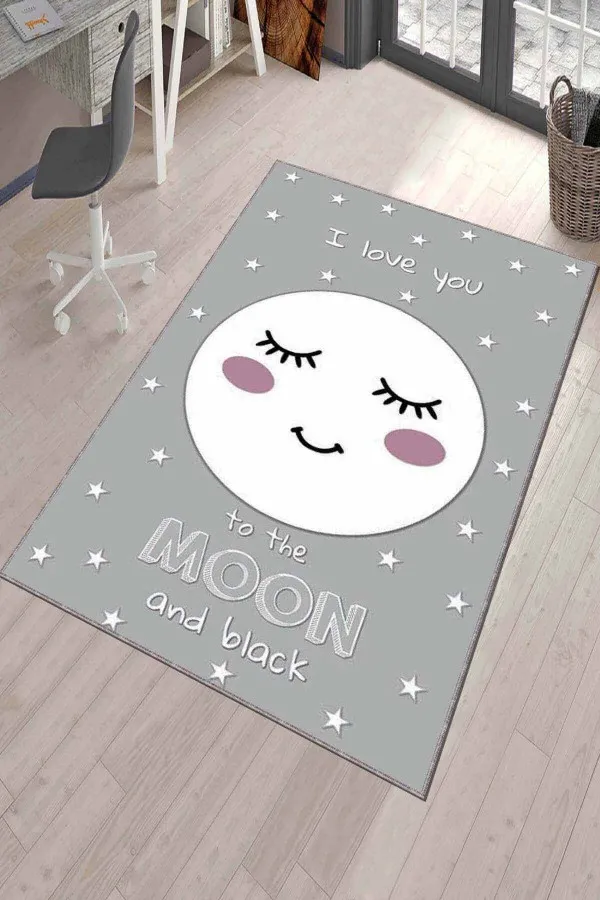 Yıkanabilir Bebek Odası Halıları Gri Yıkanabilir Kaymaz Tabanlı Ay Desenli Bebek Halısı KD34