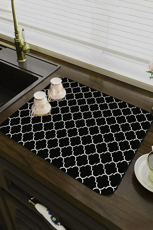 Fas Desen Siyah Bulaşık Matı Siyah Fas Desen Microfiber Bulaşık Kurutma Matı MM002