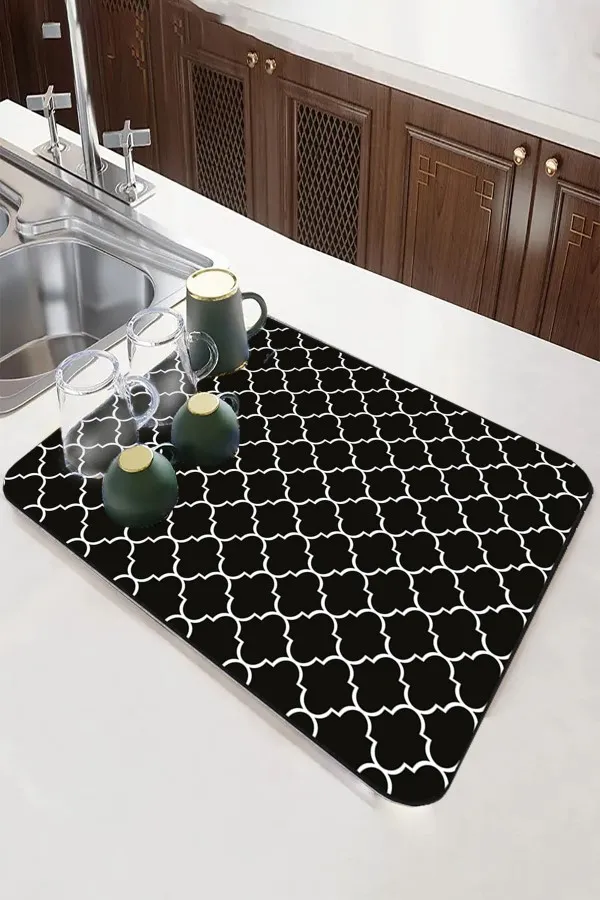 Fas Desen Siyah Bulaşık Matı Siyah Fas Desen Microfiber Bulaşık Kurutma Matı MM002