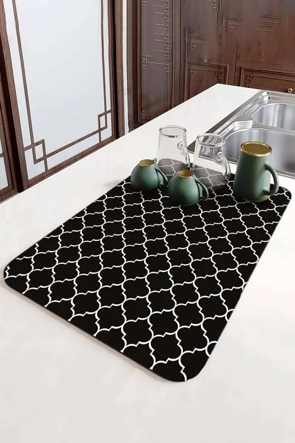 Fas Desen Siyah Bulaşık Matı Siyah Fas Desen Microfiber Bulaşık Kurutma Matı MM002