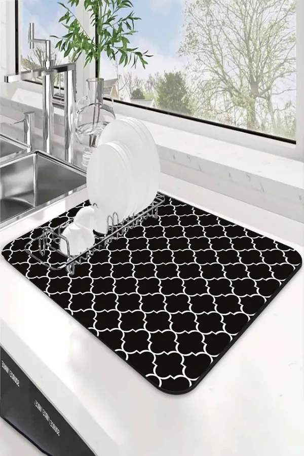Fas Desen Siyah Bulaşık Matı Siyah Fas Desen Microfiber Bulaşık Kurutma Matı MM002