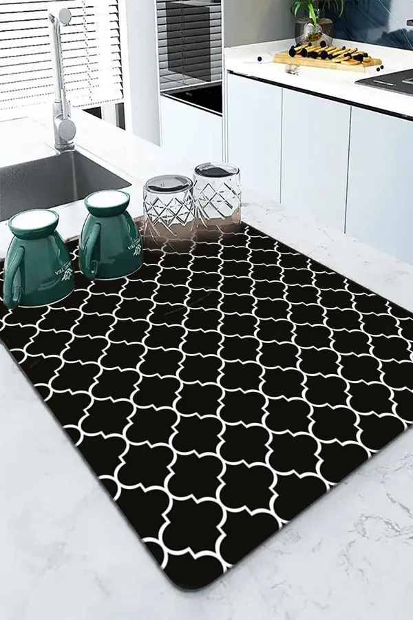 Fas Desen Siyah Bulaşık Matı Siyah Fas Desen Microfiber Bulaşık Kurutma Matı MM002