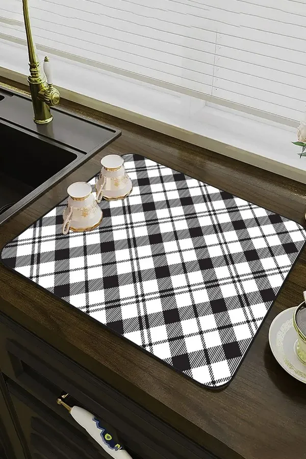 Ekoseli Siyah Bulaşık Kurutma Örtüsü Siyah Ekoseli Microfiber Bulaşık Kurutma Kurulama Matı MM004