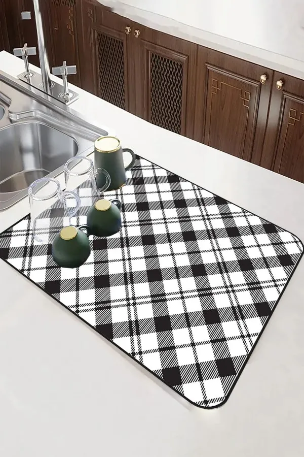 Ekoseli Siyah Bulaşık Kurutma Örtüsü Siyah Ekoseli Microfiber Bulaşık Kurutma Kurulama Matı MM004