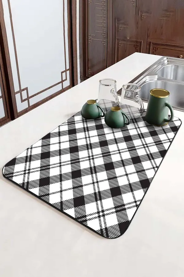 Ekoseli Siyah Bulaşık Kurutma Örtüsü Siyah Ekoseli Microfiber Bulaşık Kurutma Kurulama Matı MM004