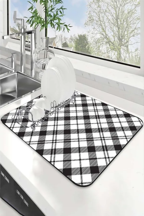 Ekoseli Siyah Bulaşık Kurutma Örtüsü Siyah Ekoseli Microfiber Bulaşık Kurutma Kurulama Matı MM004