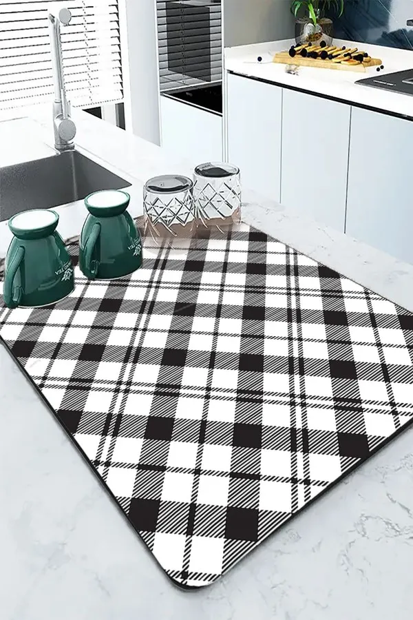 Ekoseli Siyah Bulaşık Kurutma Örtüsü Siyah Ekoseli Microfiber Bulaşık Kurutma Kurulama Matı MM004