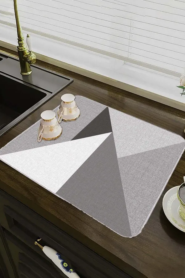 Geometrik Gri Bulaşık Kurutma Matı Gri Geometrik Microfiber Bulaşık Kurutma Kurulama Matı MM006