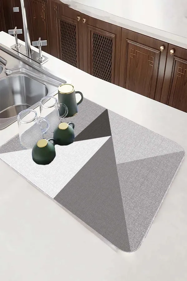 Geometrik Gri Bulaşık Kurutma Matı Gri Geometrik Microfiber Bulaşık Kurutma Kurulama Matı MM006
