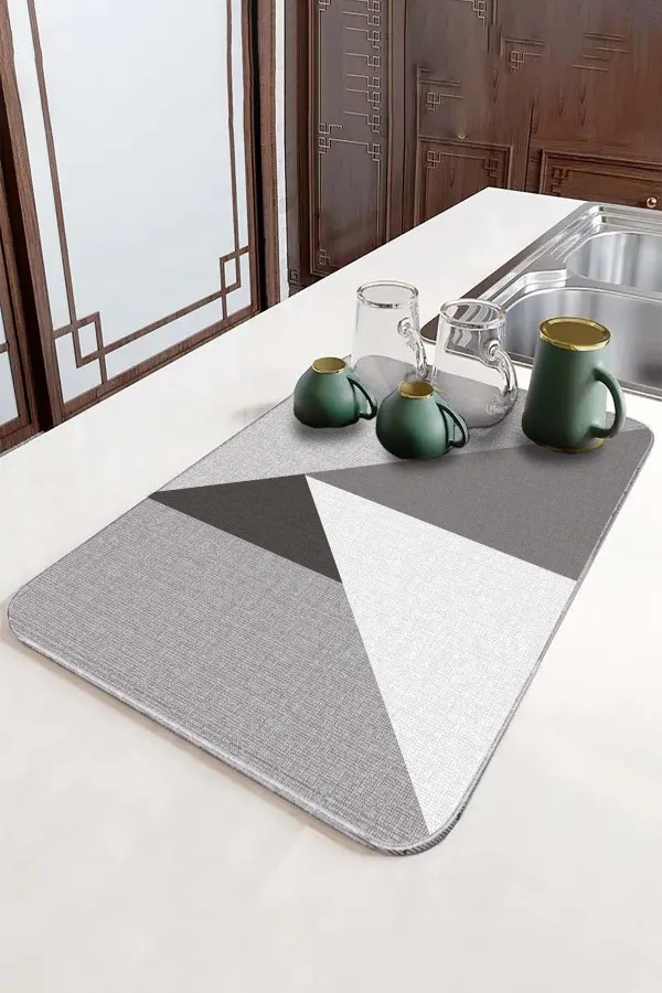 Geometrik Gri Bulaşık Kurutma Matı Gri Geometrik Microfiber Bulaşık Kurutma Kurulama Matı MM006