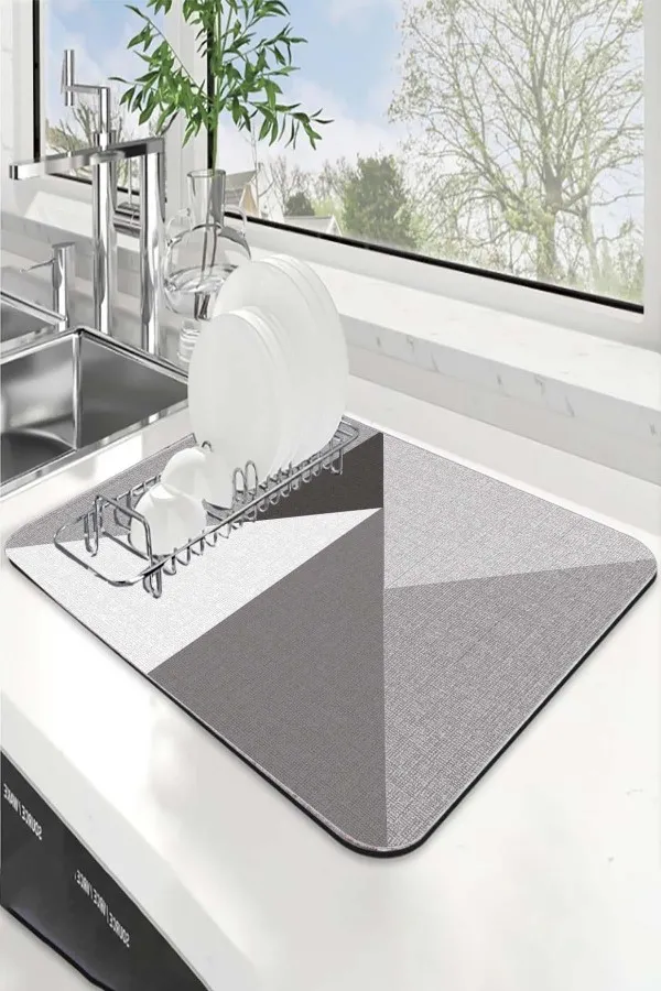 Geometrik Gri Bulaşık Kurutma Matı Gri Geometrik Microfiber Bulaşık Kurutma Kurulama Matı MM006