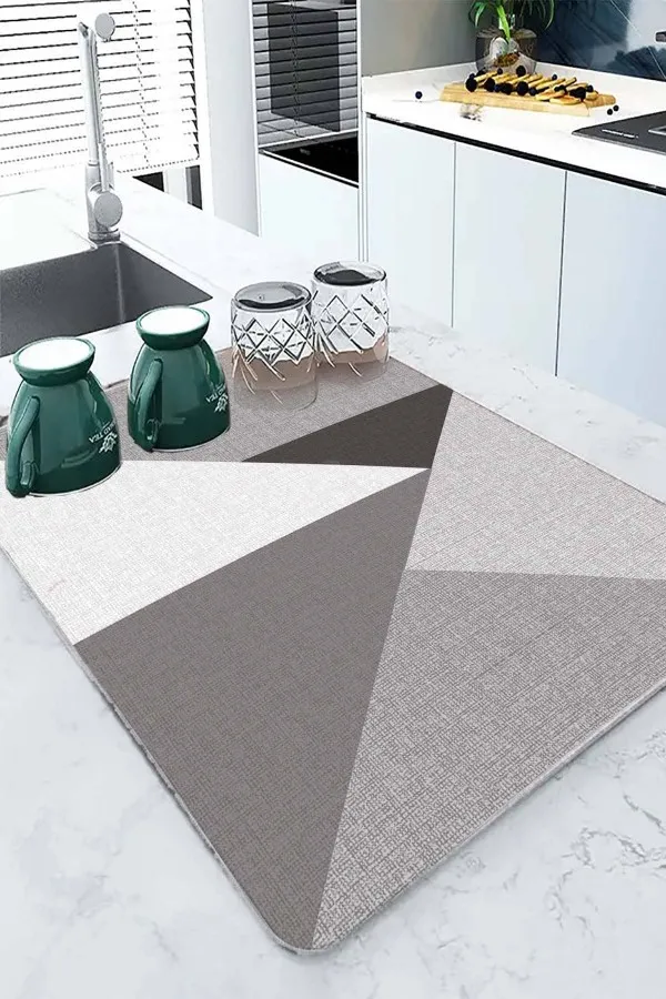Geometrik Gri Bulaşık Kurutma Matı Gri Geometrik Microfiber Bulaşık Kurutma Kurulama Matı MM006