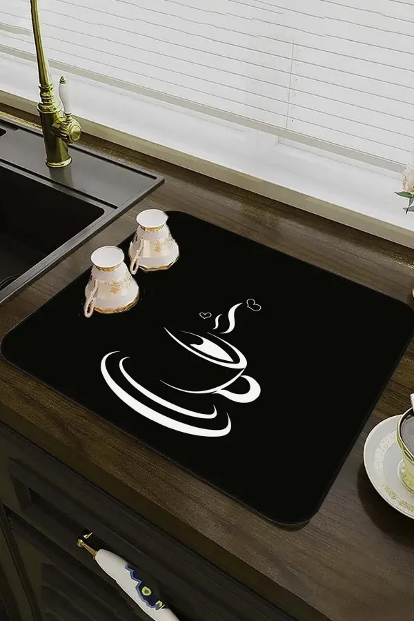 Mutfak Temalı Siyah Bulaşıklık Kurutma Matı Siyah Mutfak Temalı Microfiber Bulaşık Kurutma Matı MM008
