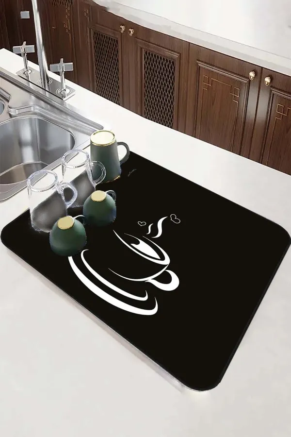 Mutfak Temalı Siyah Bulaşıklık Kurutma Matı Siyah Mutfak Temalı Microfiber Bulaşık Kurutma Matı MM008