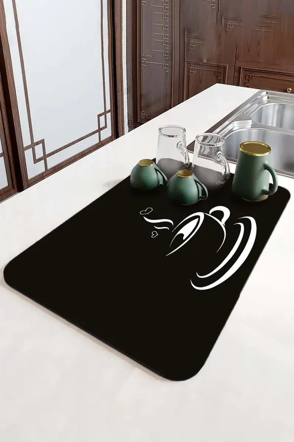 Mutfak Temalı Siyah Bulaşıklık Kurutma Matı Siyah Mutfak Temalı Microfiber Bulaşık Kurutma Matı MM008