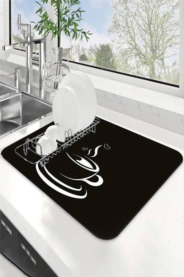 Mutfak Temalı Siyah Bulaşıklık Kurutma Matı Siyah Mutfak Temalı Microfiber Bulaşık Kurutma Matı MM008