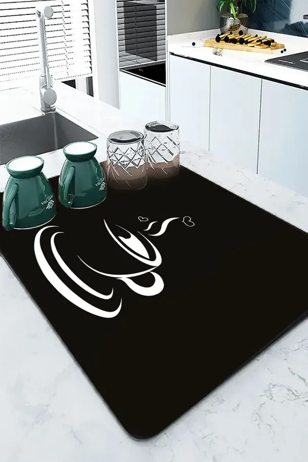 Mutfak Temalı Siyah Bulaşıklık Kurutma Matı Siyah Mutfak Temalı Microfiber Bulaşık Kurutma Matı MM008