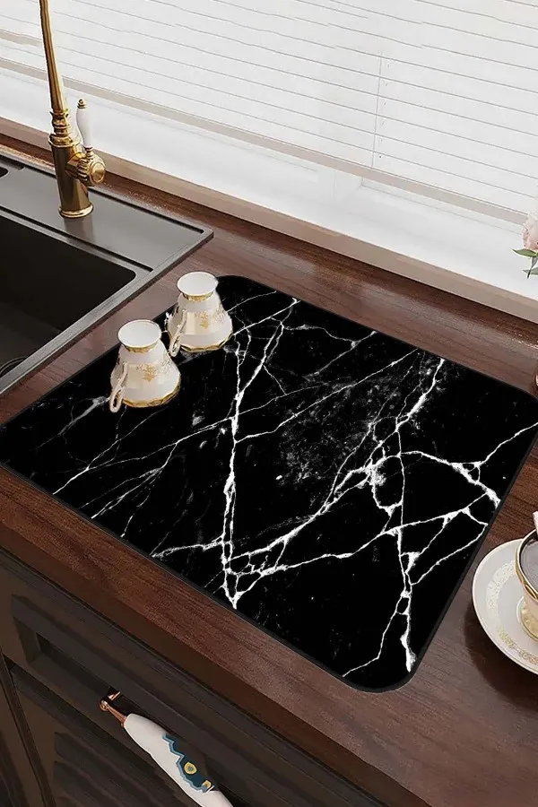 Mermer Görünümlü Siyah Bulaşık Süzme Matı Siyah Mermer Görünümlü Microfiber Bulaşık Kurutma Matı MM012
