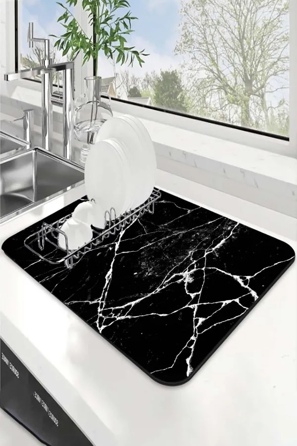 Mermer Görünümlü Siyah Bulaşık Süzme Matı Siyah Mermer Görünümlü Microfiber Bulaşık Kurutma Matı MM012